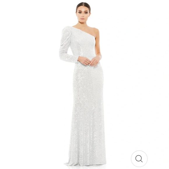 NWT Mac Duggal Leena White 26592 One Shoulder Puff Sleeve Gown 12 - Picture 1 of 9